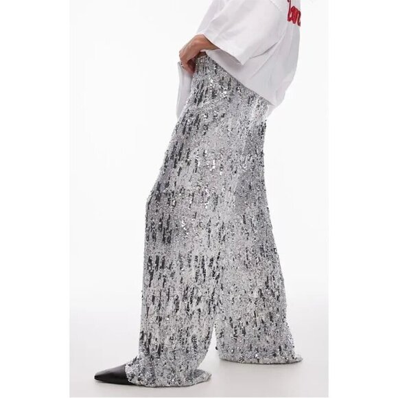 TOPSHOP Sequin Wide Leg Pants in Silver Size US 8-10 - Picture 2 of 9